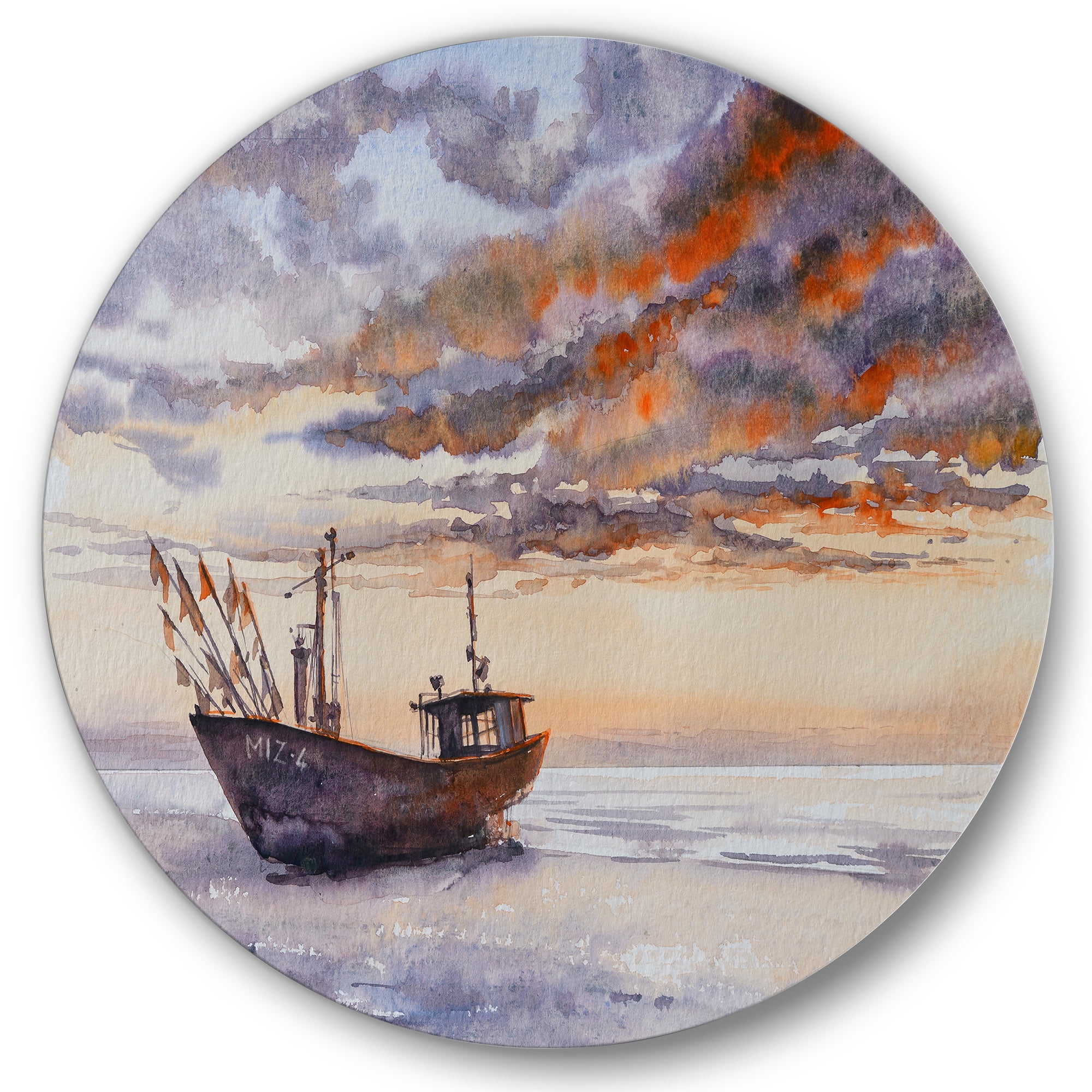 Designart 'Wooden Fishing Boat On The Baltic Shore With Evening Clouds' Nautical & Coastal Circle Metal Wall Art 23x23 - Disc of 23
