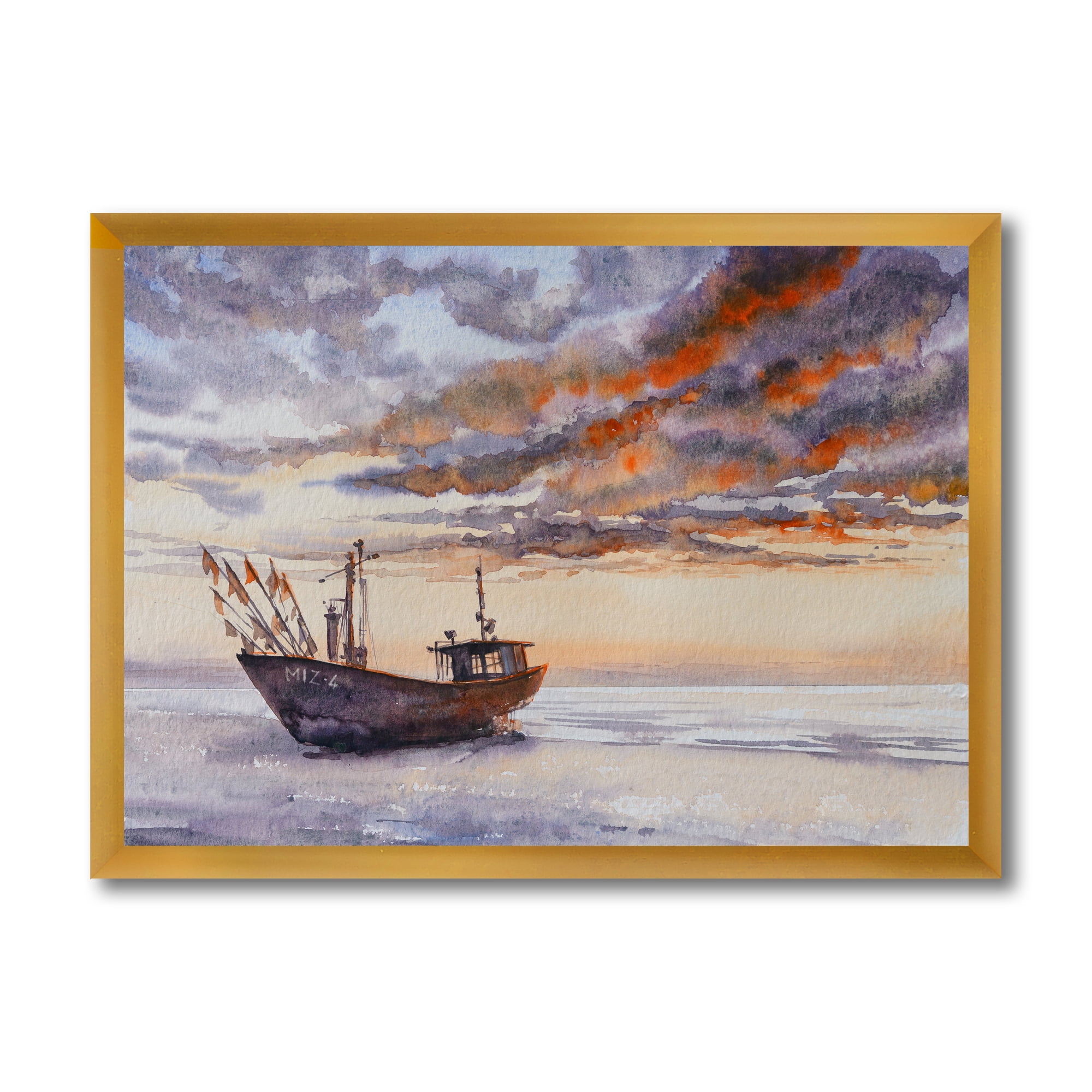 Designart 'Wooden Fishing Boat On The Baltic Shore With Evening Clouds' Nautical & Coastal Framed Art Print