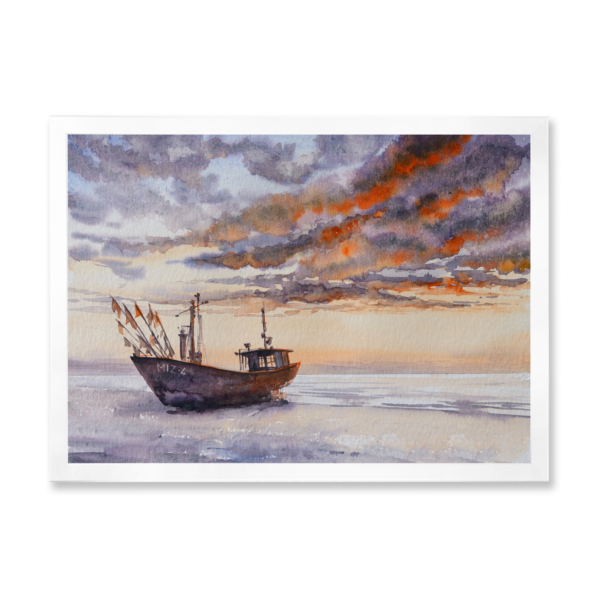 Designart 'Wooden Fishing Boat On The Baltic Shore With Evening Clouds' Nautical & Coastal Framed Art Print