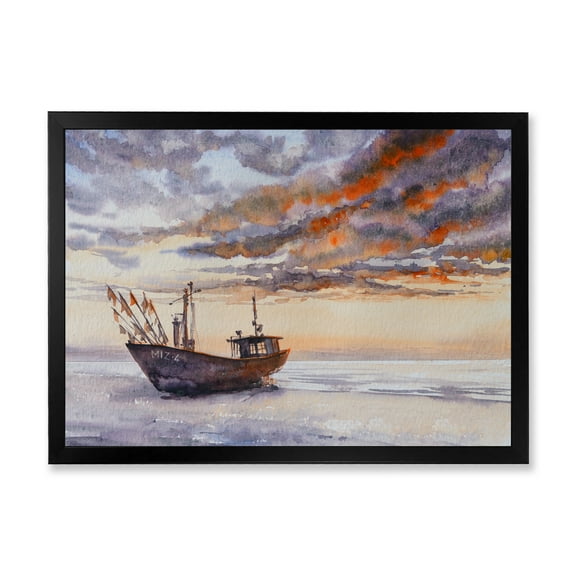 Designart 'Wooden Fishing Boat On The Baltic Shore With Evening Clouds' Nautical & Coastal Framed Art Print