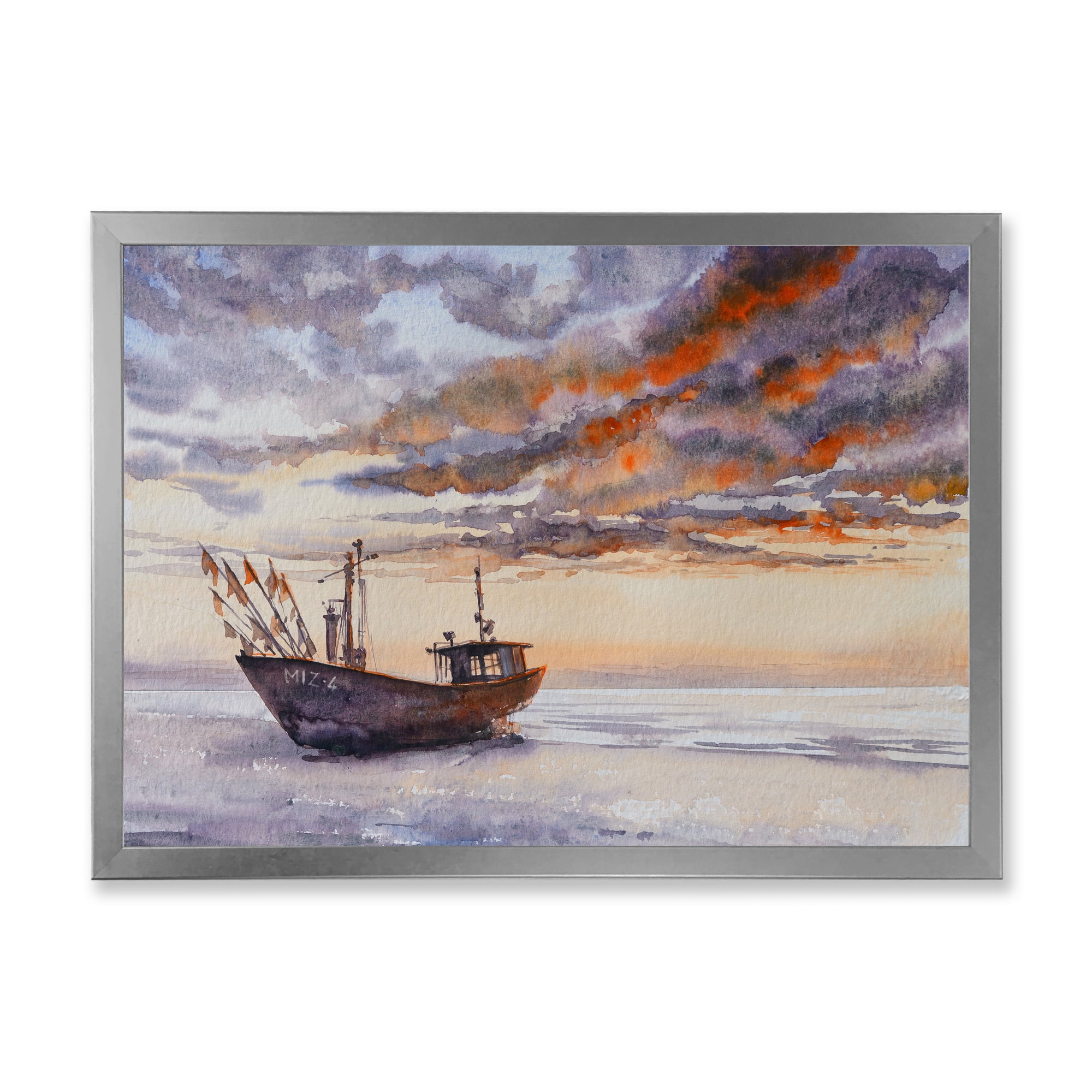 Designart 'Wooden Fishing Boat On The Baltic Shore With Evening Clouds' Nautical & Coastal Framed Art Print