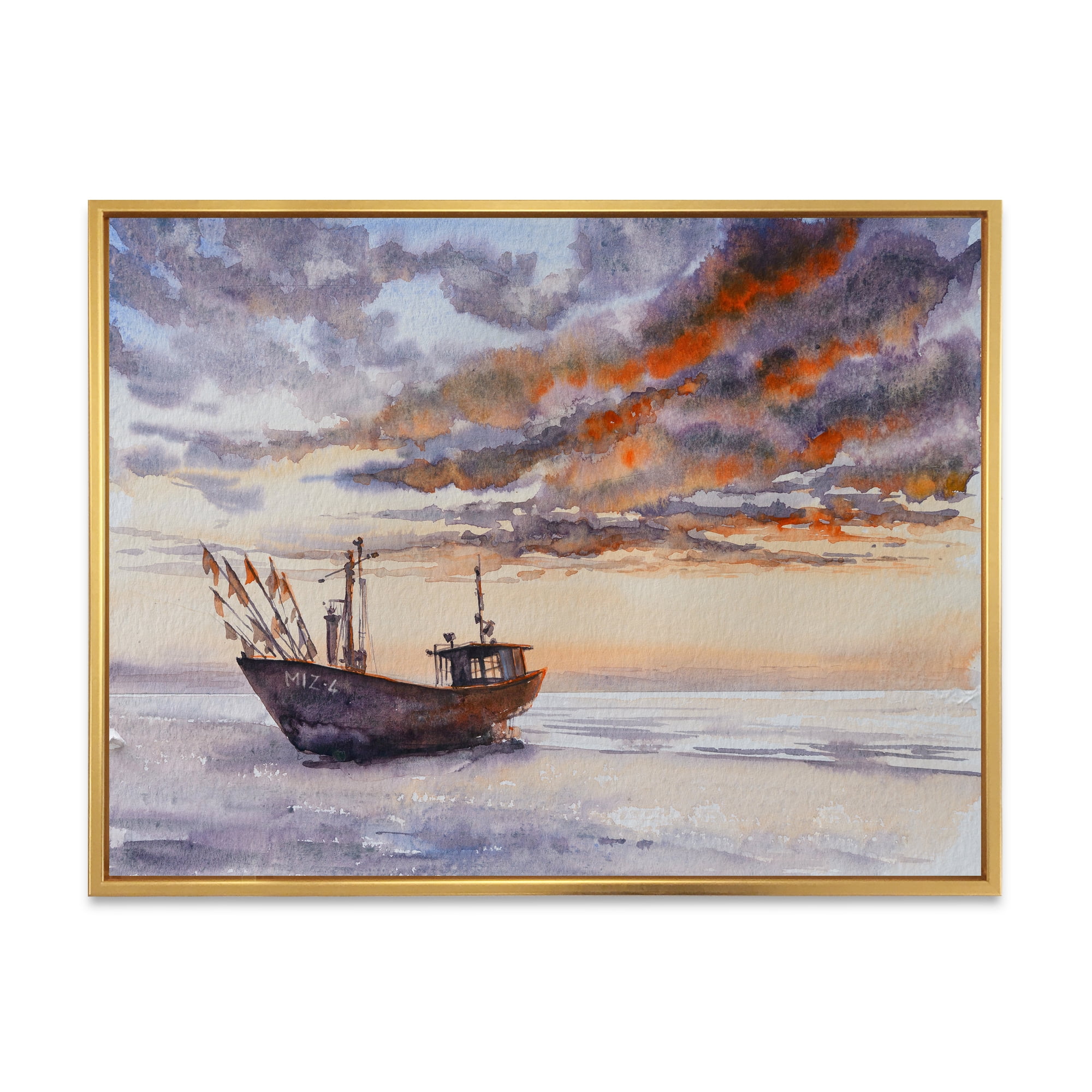 Designart 'Wooden Fishing Boat On The Baltic Shore With Evening Clouds' Nautical & Coastal Framed Canvas Wall Art Print