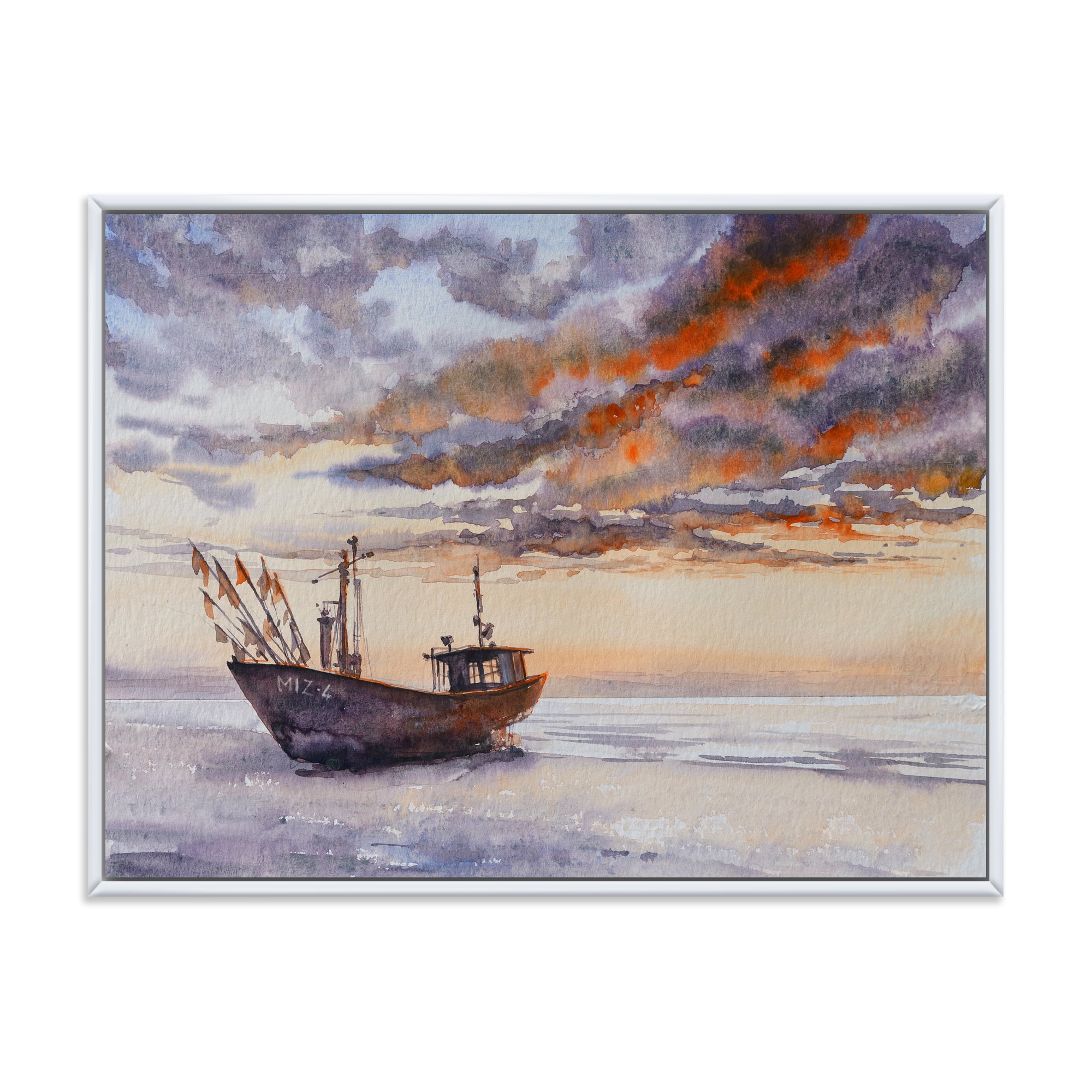 Designart 'Wooden Fishing Boat On The Baltic Shore With Evening Clouds' Nautical & Coastal Framed Canvas Wall Art Print