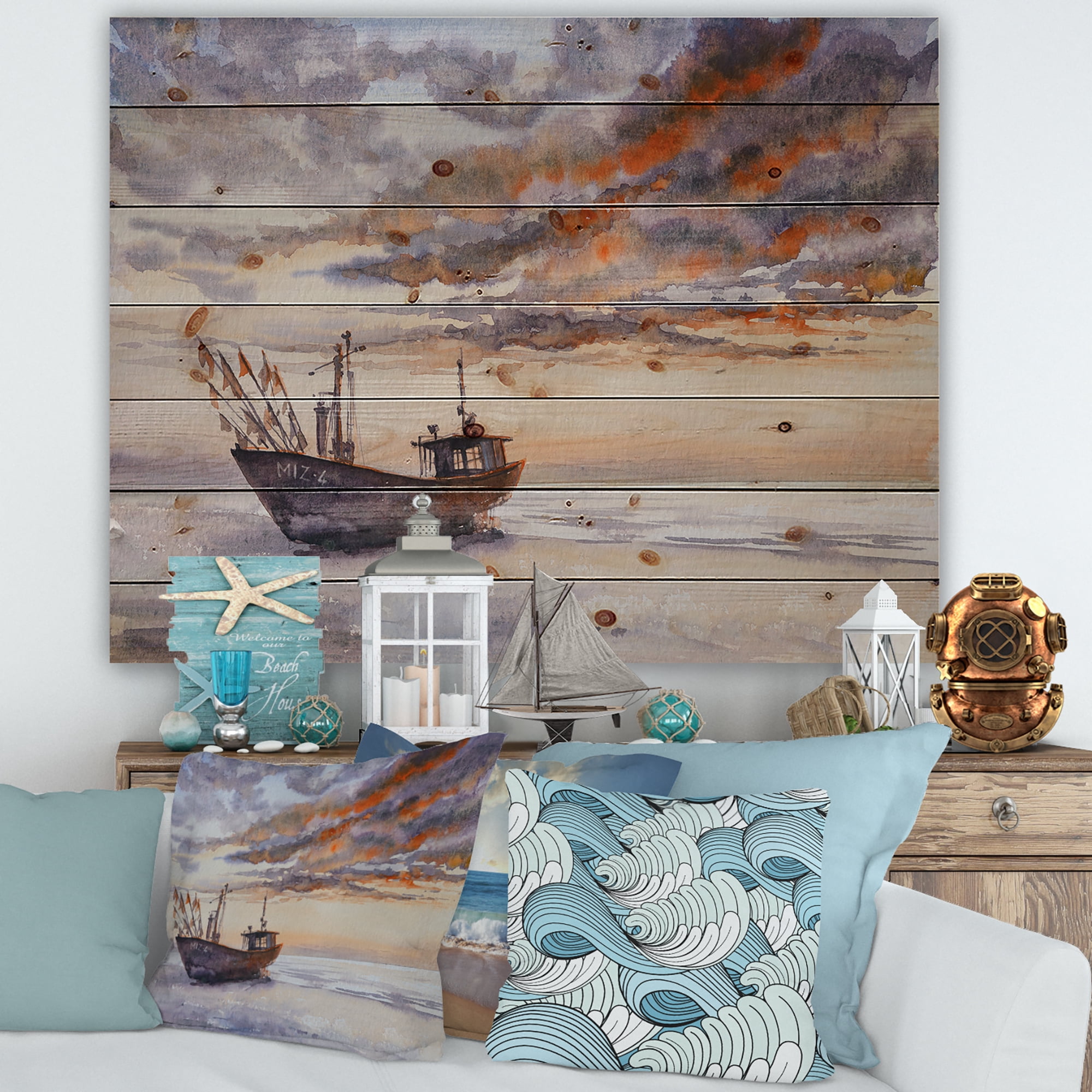 Designart 'Wooden Fishing Boat On The Baltic Shore With Evening Clouds' Nautical & Coastal Print on Natural Pine Wood