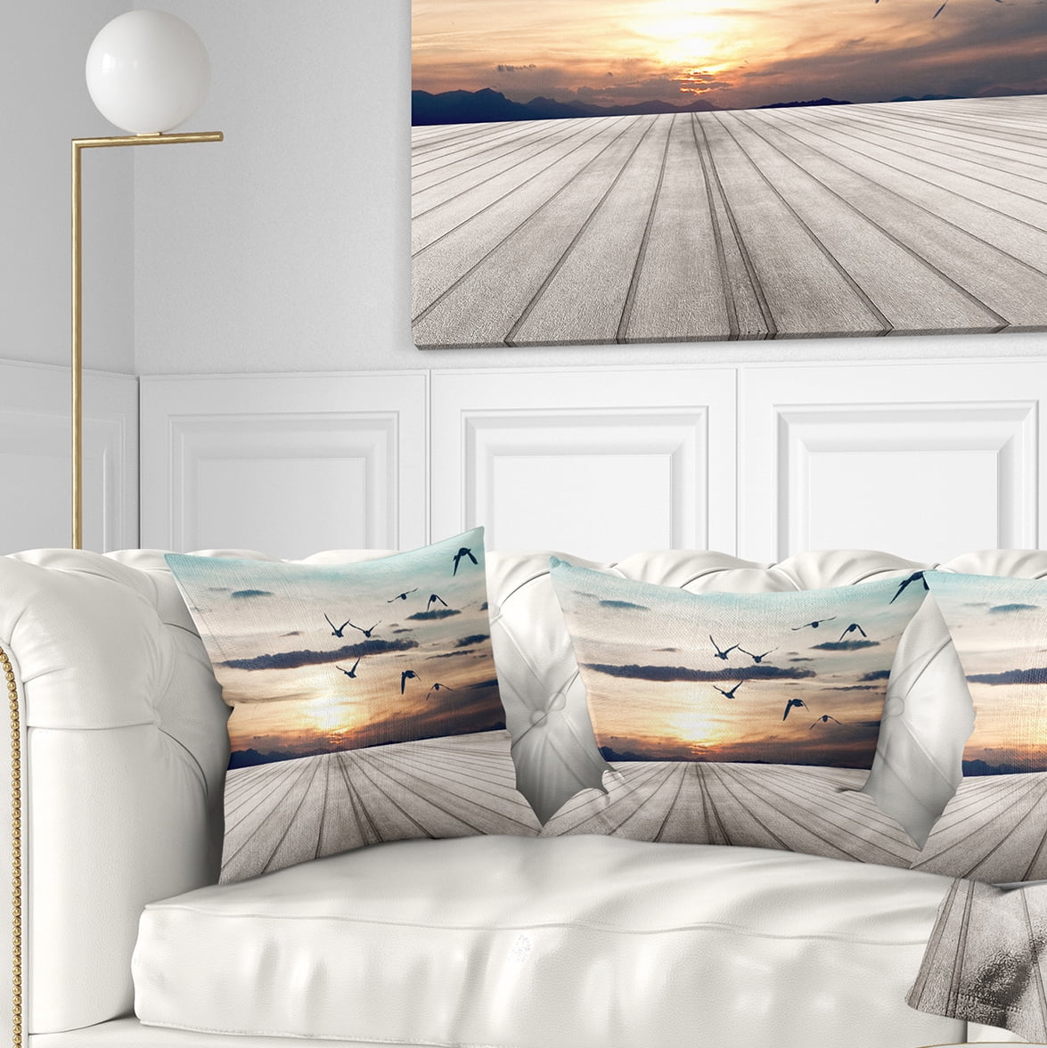 Designart Wooden Floor Sunset - Seashore Throw Pillow - 18x18