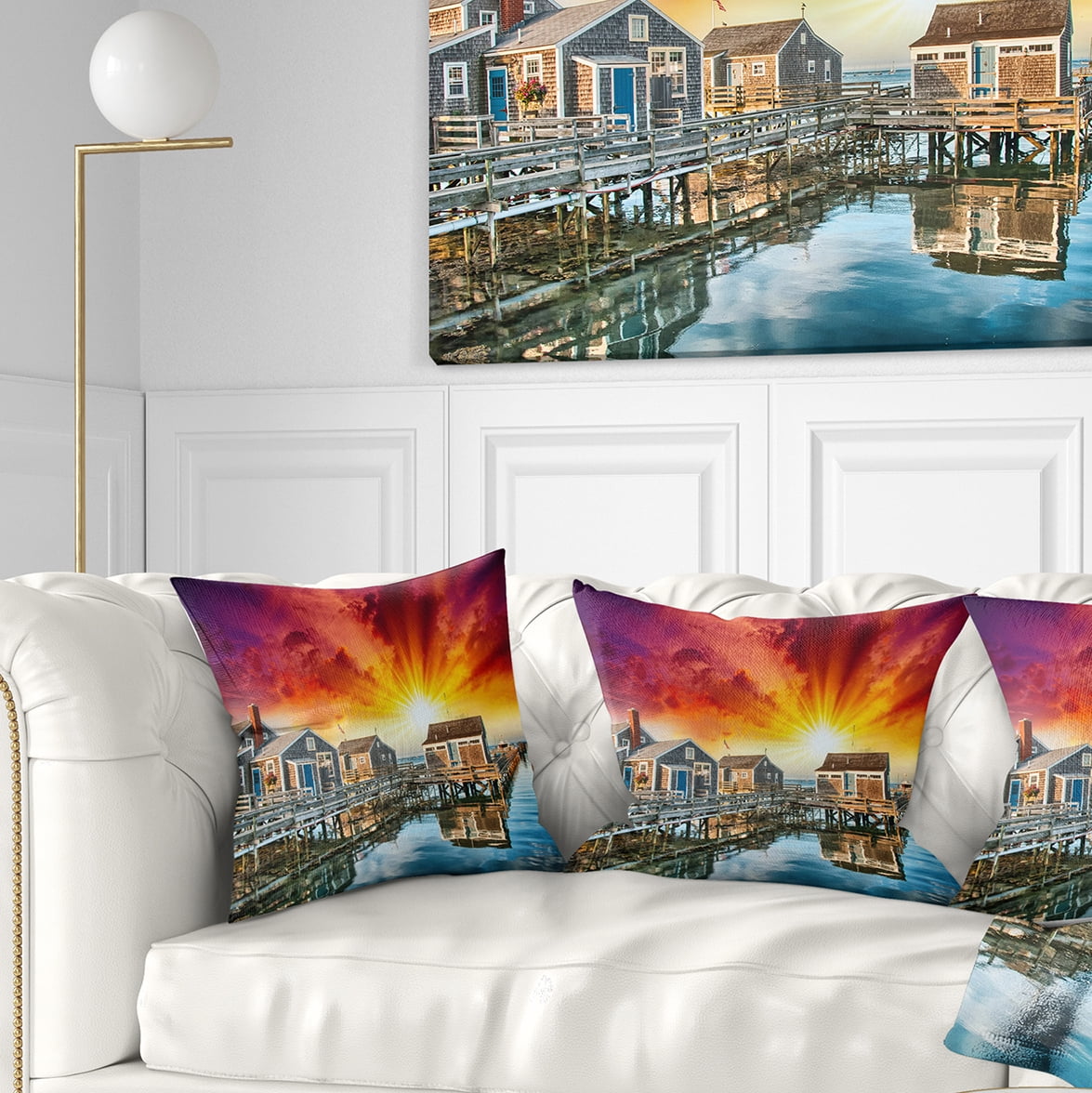 Designart Wooden Homes at Sunset - Landscape Photo Throw Pillow - 16x16