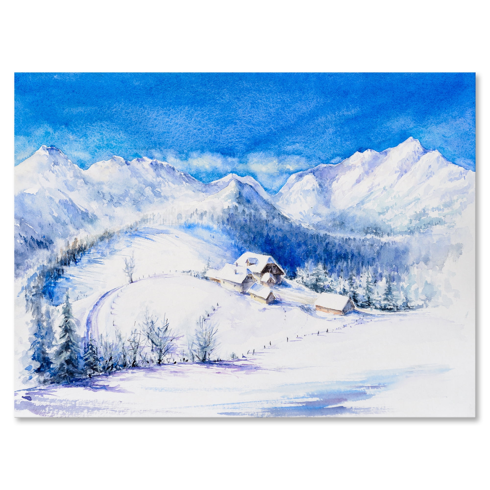 Designart ' Wooden House With Winter Mountain Landscape ' Traditional Canvas Wall Art Print