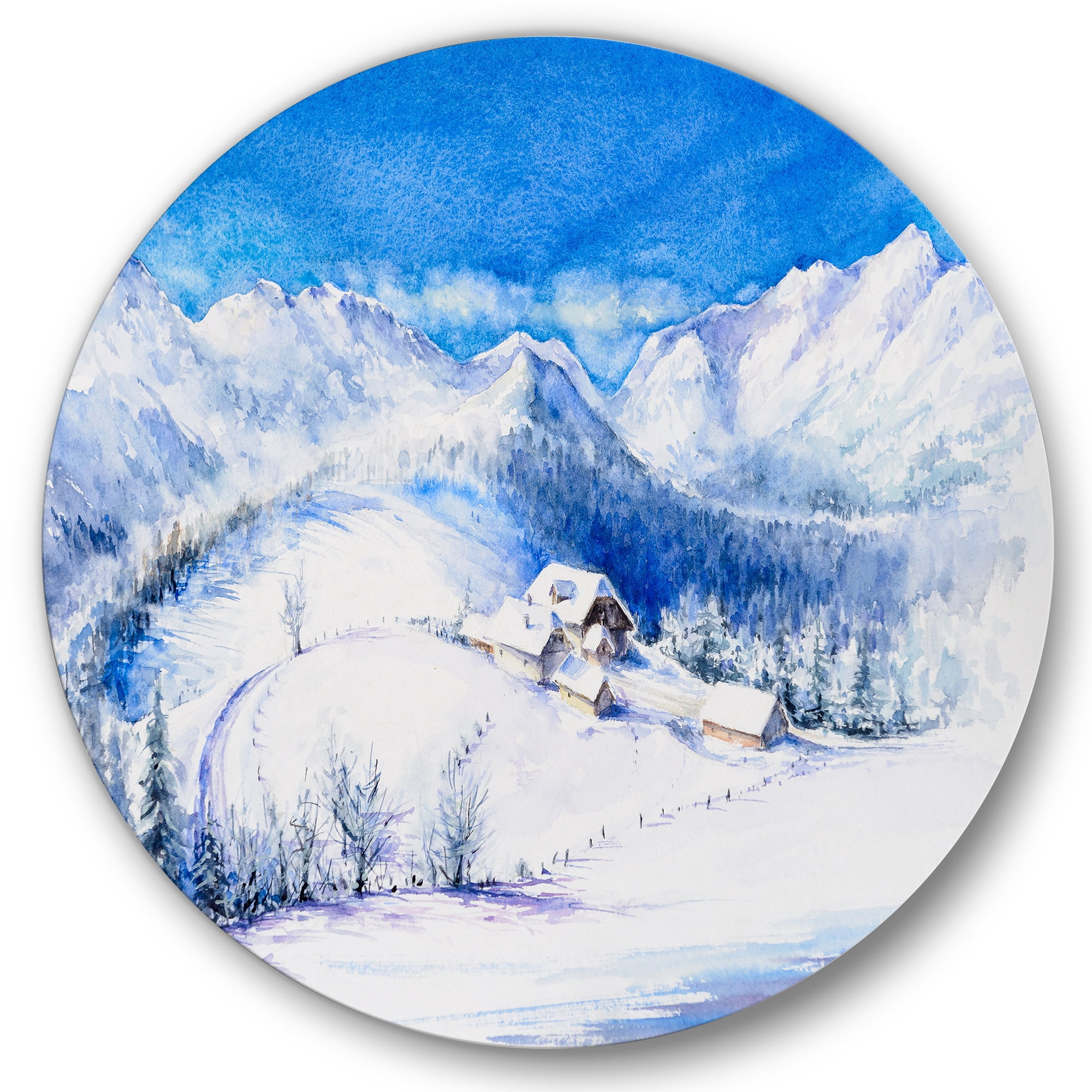 Designart 'Wooden House With Winter Mountain Landscape' Traditional Circle Metal Wall Art 29x29 - Disc of 29