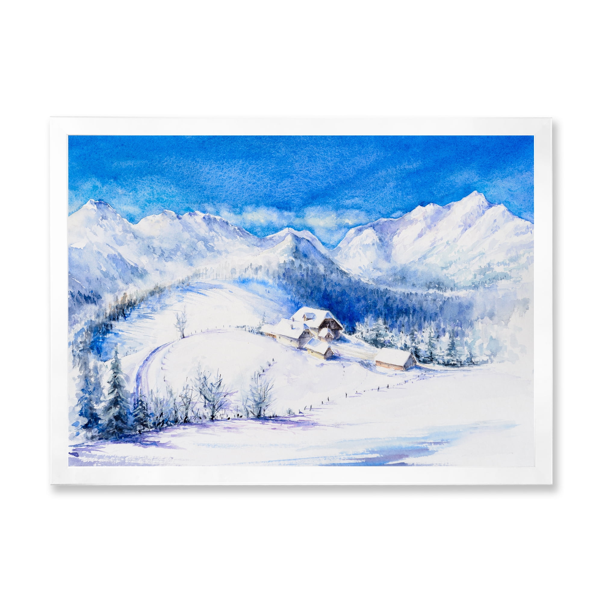 Designart 'Wooden House With Winter Mountain Landscape' Traditional Framed Art Print