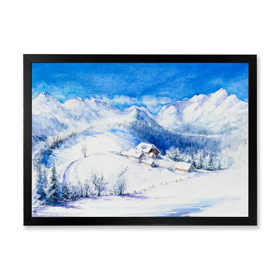 Designart 'Wooden House With Winter Mountain Landscape' Traditional Framed Art Print
