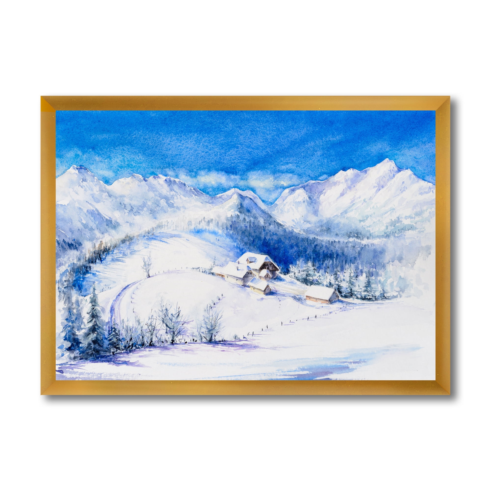 Designart 'Wooden House With Winter Mountain Landscape' Traditional Framed Art Print
