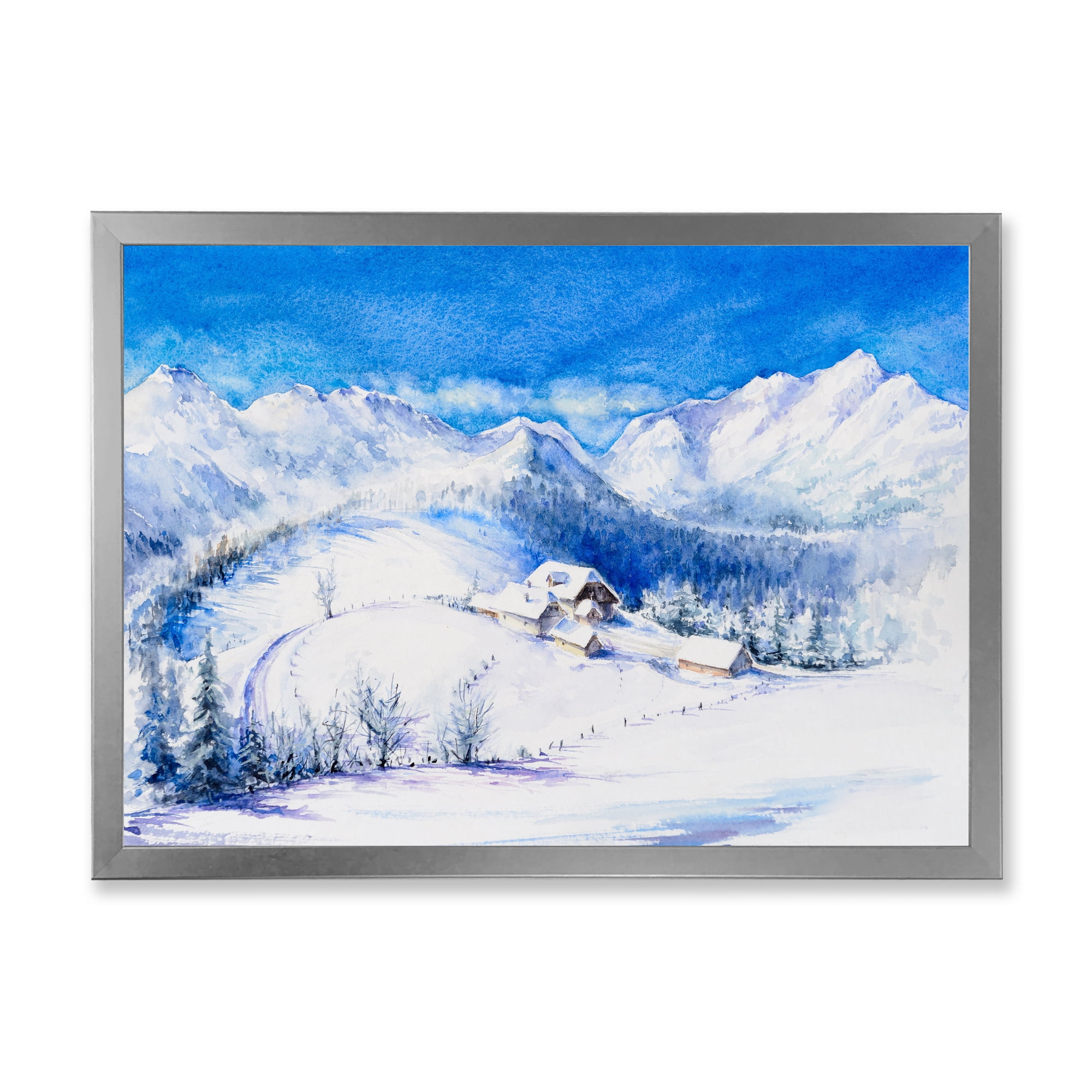 Designart 'Wooden House With Winter Mountain Landscape' Traditional Framed Art Print