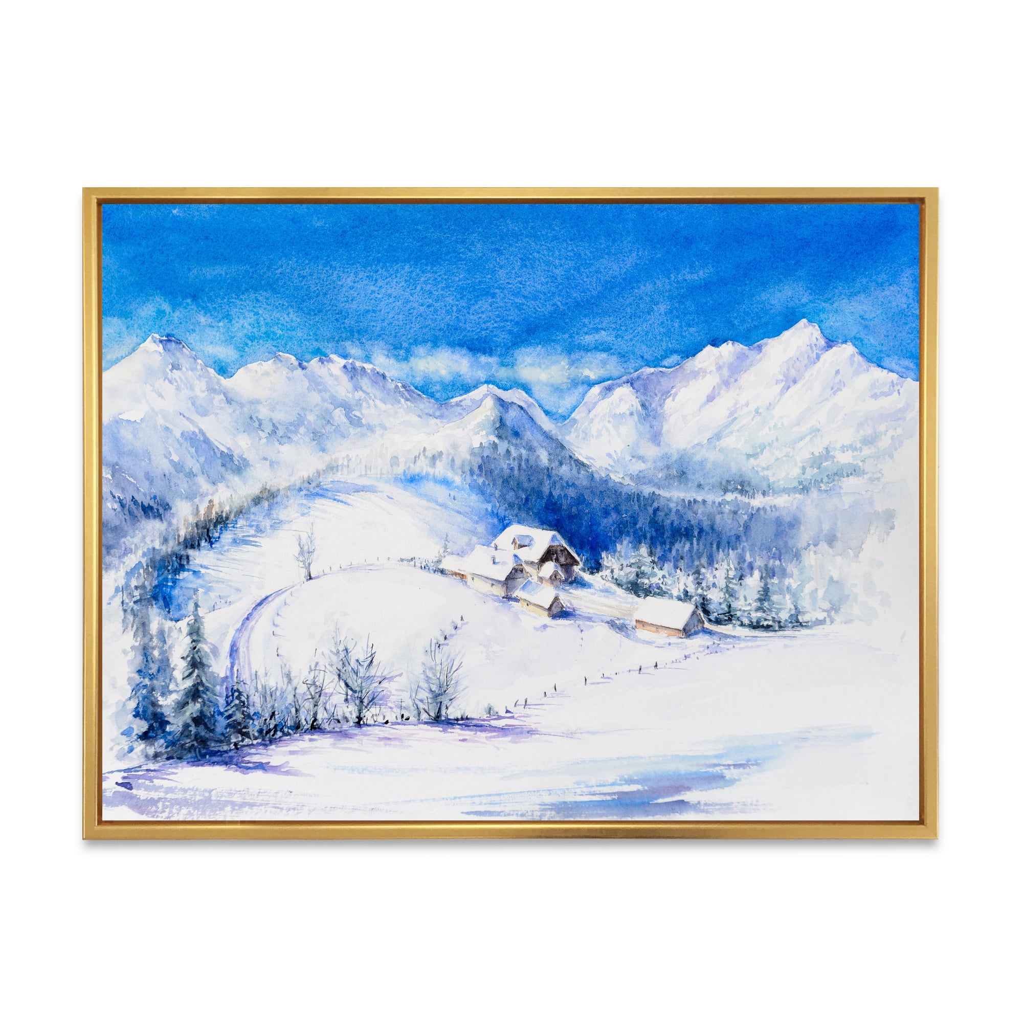 Designart 'Wooden House With Winter Mountain Landscape' Traditional Framed Canvas Wall Art Print