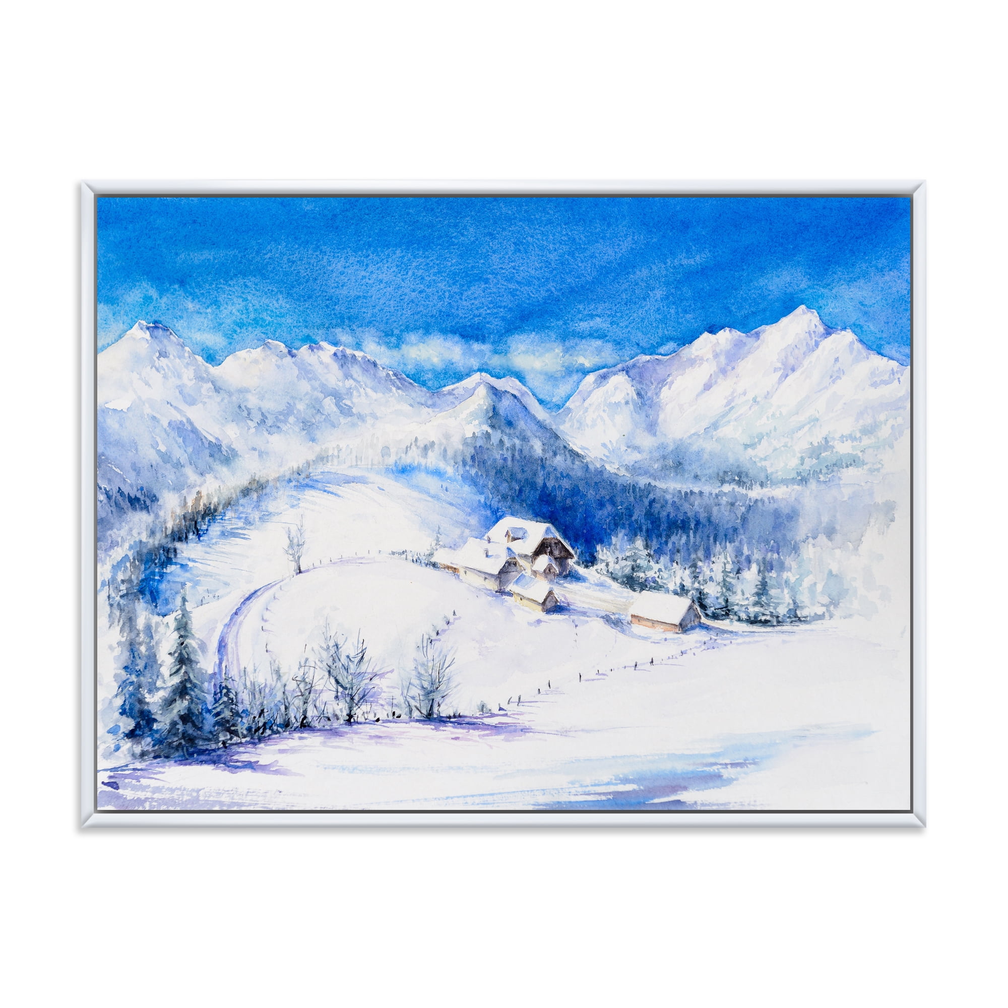 Designart 'Wooden House With Winter Mountain Landscape' Traditional Framed Canvas Wall Art Print
