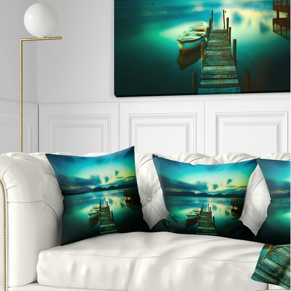 Designart Wooden Jetty and Boat in Sea - Seascape Throw Pillow - 18x18