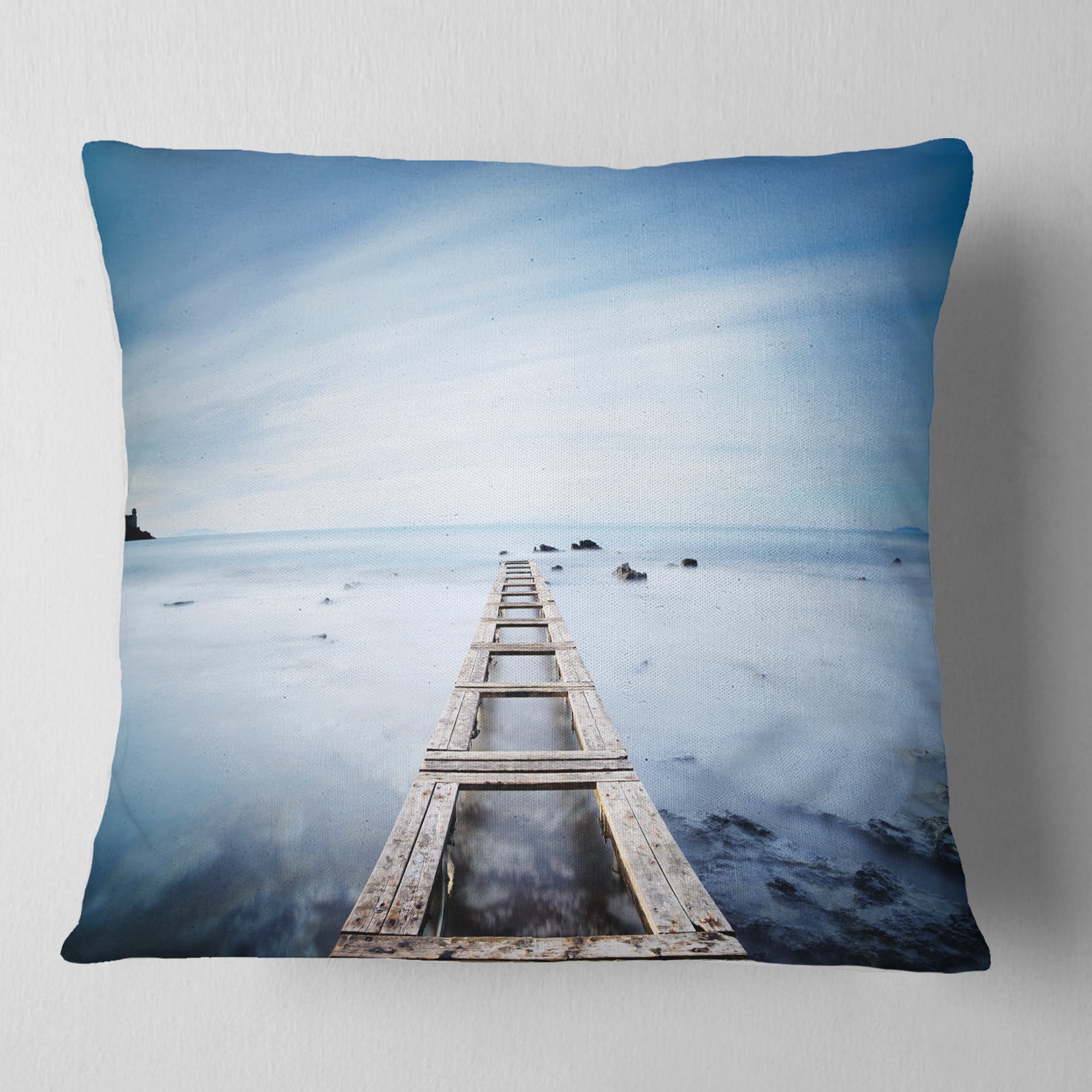 Designart Wooden Jetty in Morning Blue Sea - Landscape Wall Throw Pillow - 16x16