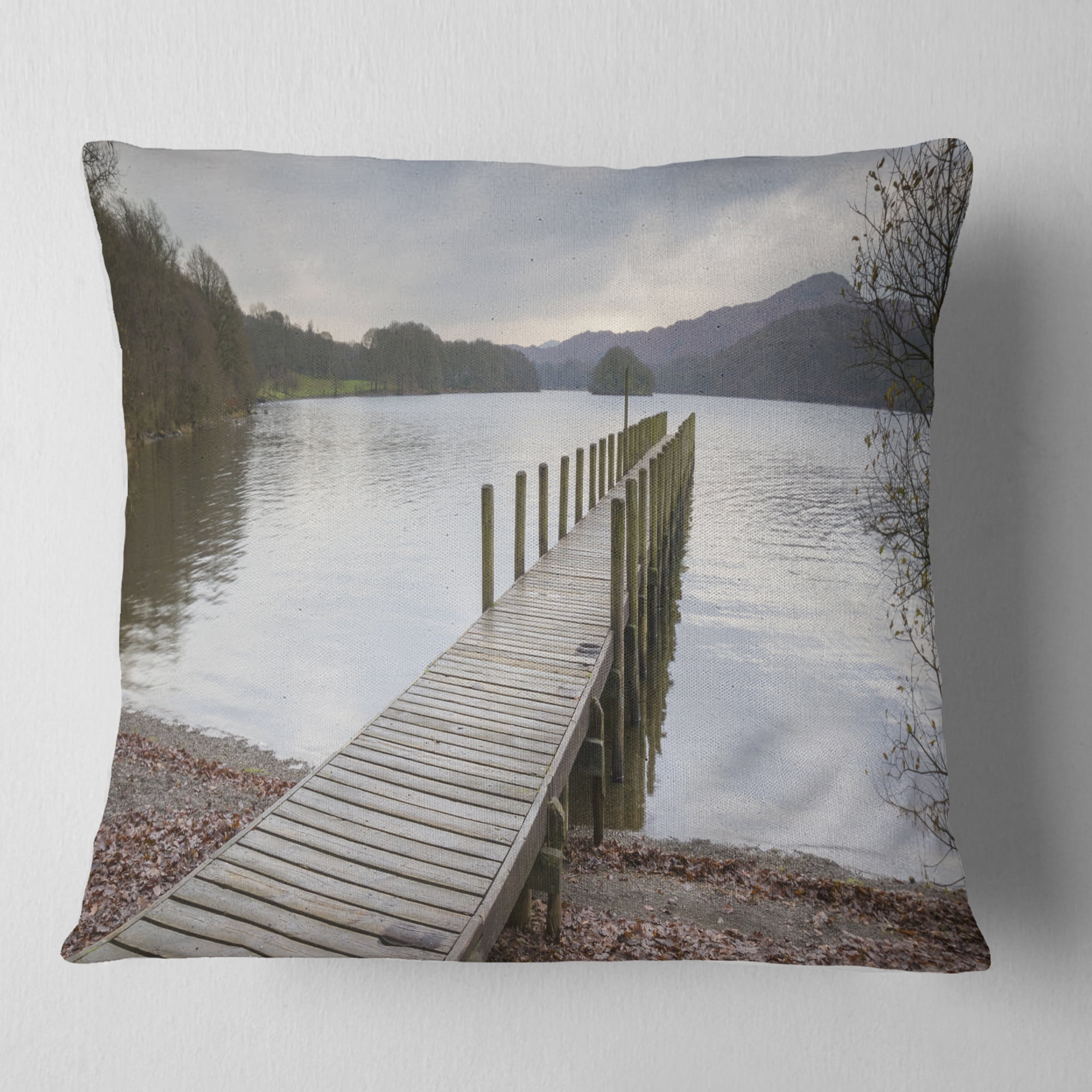 Designart Wooden Jetty on Lake District - Wooden Sea Bridge Throw Pillow - 18x18