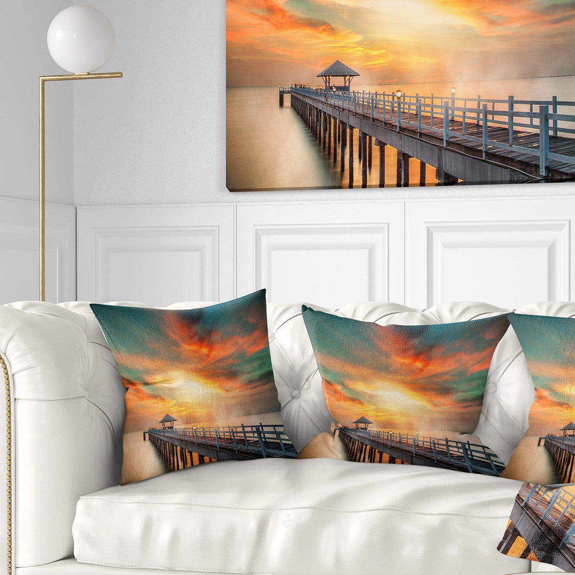 Designart Wooden Pier - Landscape Photo Throw Pillow - 18x18