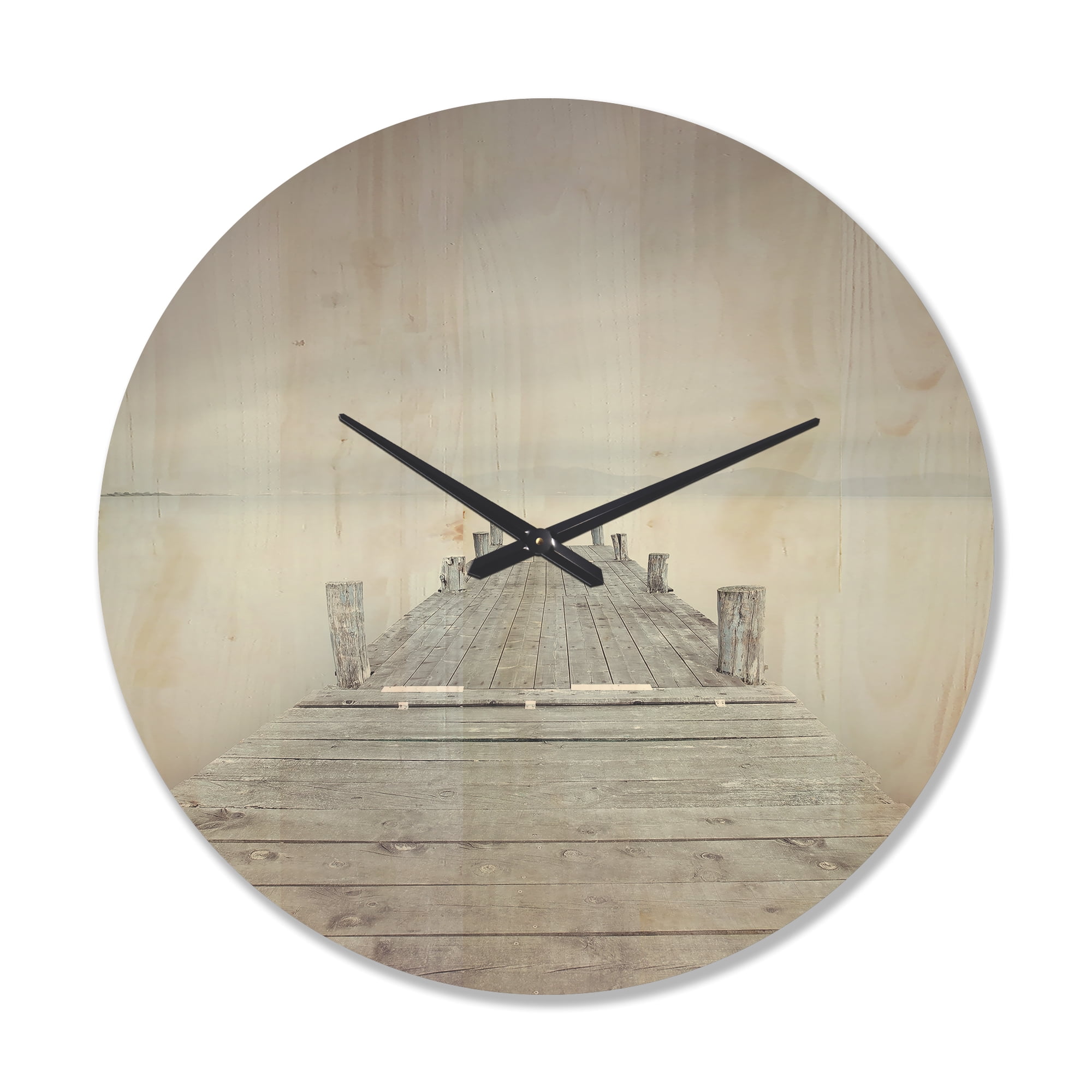 Designart 'Wooden Pier On Lake in Cloudy Mood ' Modern Wood Wall Clock
