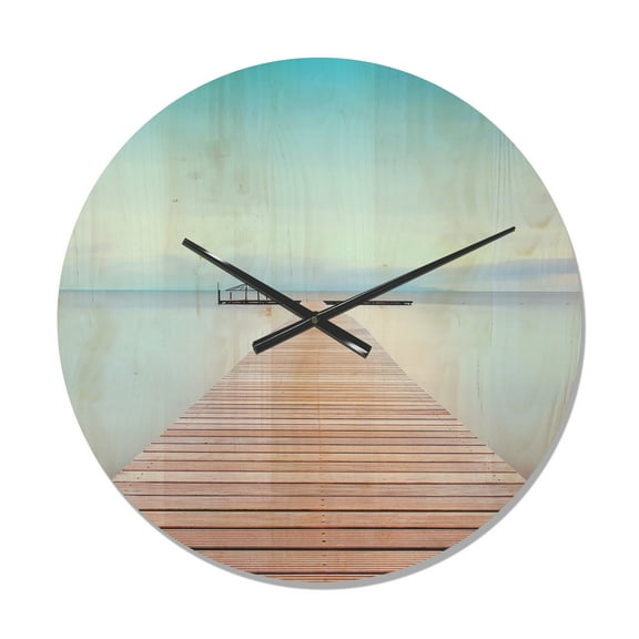 Designart 'Wooden Pier On Lake in Cold Atmosphere ' Modern Wood Wall Clock