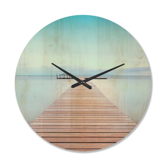 Designart 'Wooden Pier On Lake in Cold Atmosphere ' Modern Wood Wall Clock