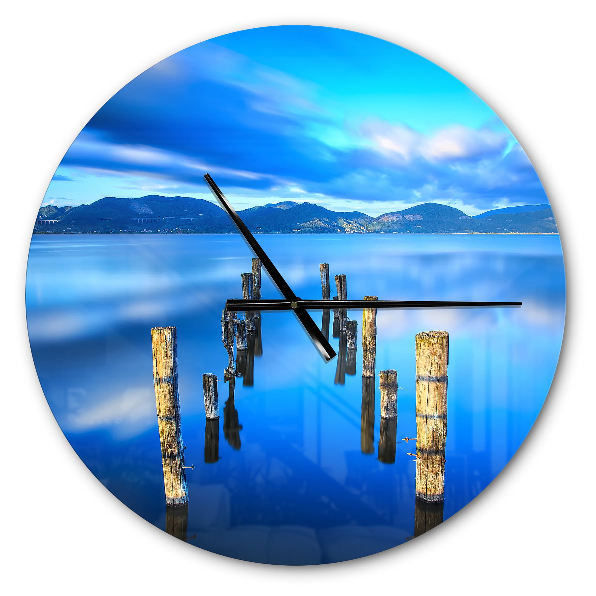 Designart 'Wooden Pier Remains in Blue Sea ' Modern wall clock