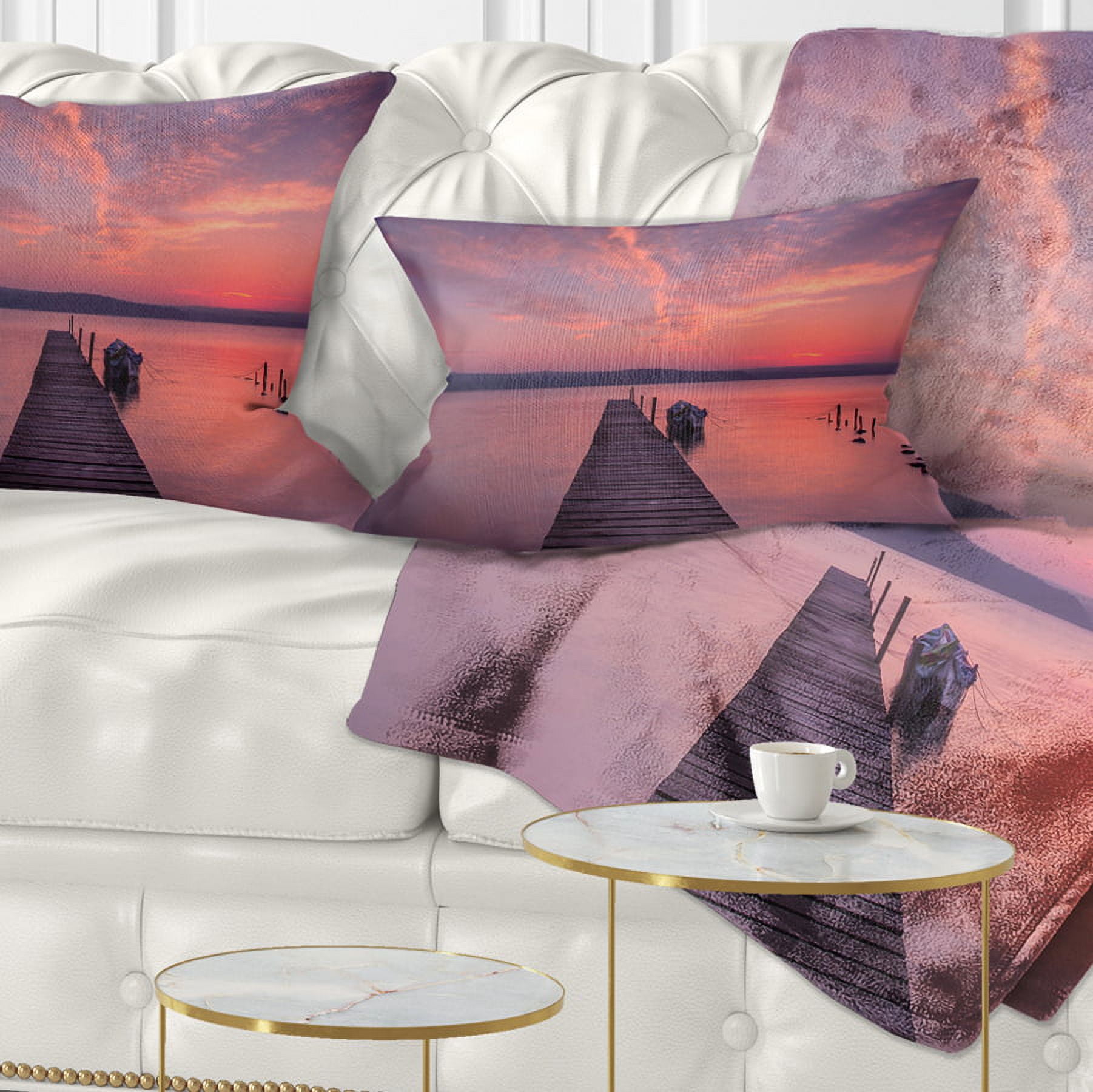 Designart Wooden Pier Under Red Sky - Seascape Throw Pillow - 12x20