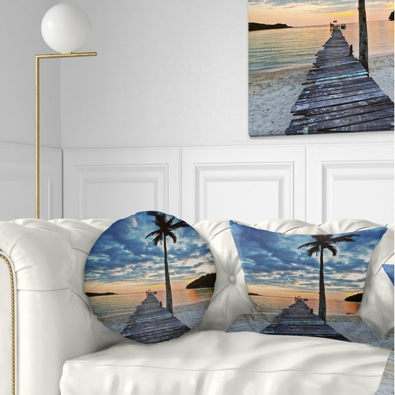 Designart Wooden Pier and Palm Tree - Seashore Photo Throw Pillow - 12x20