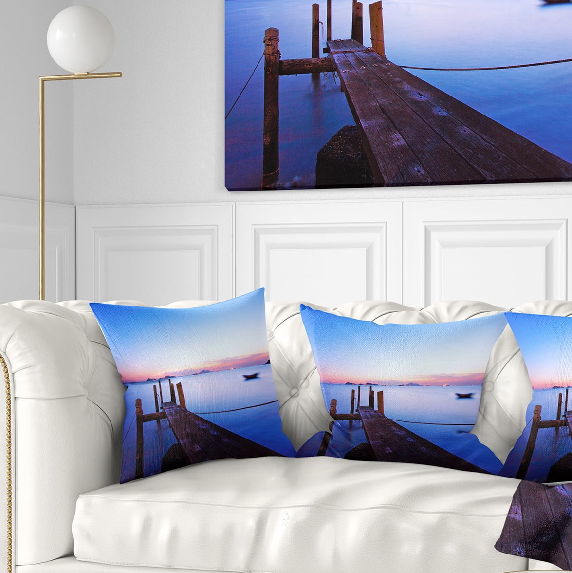Designart Wooden Pier at Dusk - Seascape Photography Throw Pillow - 16x16
