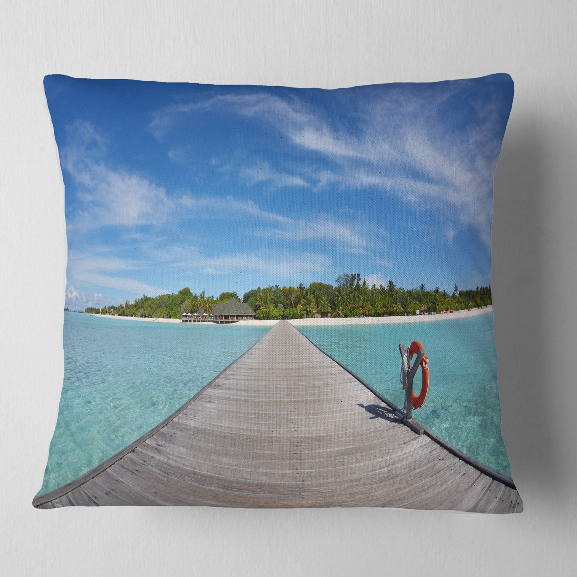Designart Wooden Pier at Tropical Beach - Wooden Sea Bridge Throw Pillow - 16x16
