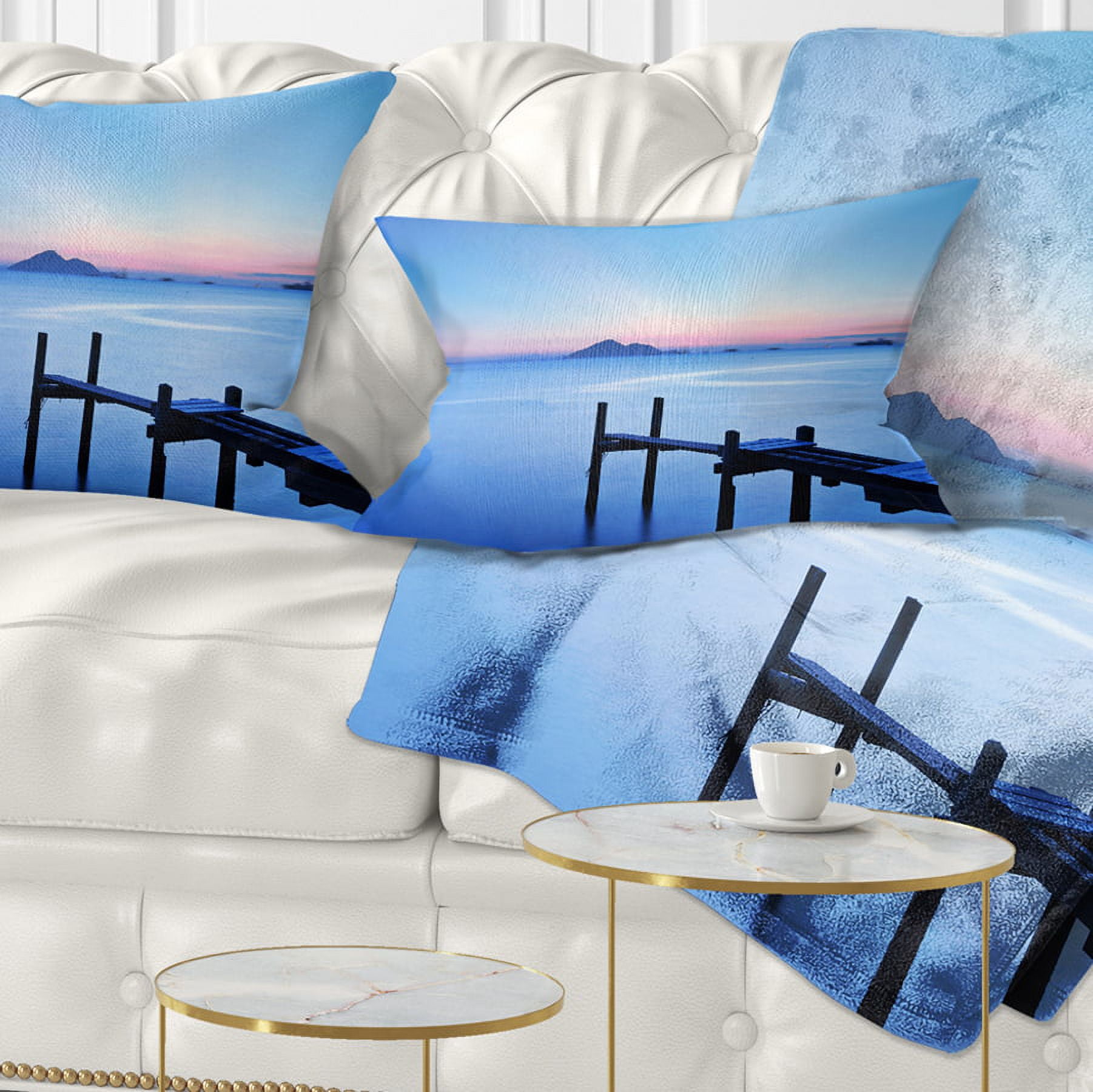 Designart Wooden Pier in Blue Sea - Seascape Throw Pillow - 12x20