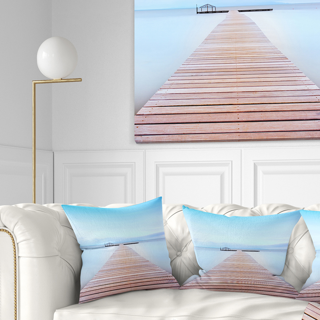 Designart Wooden Pier in Cold Atmosphere - Seascape Throw Pillow - 18x18