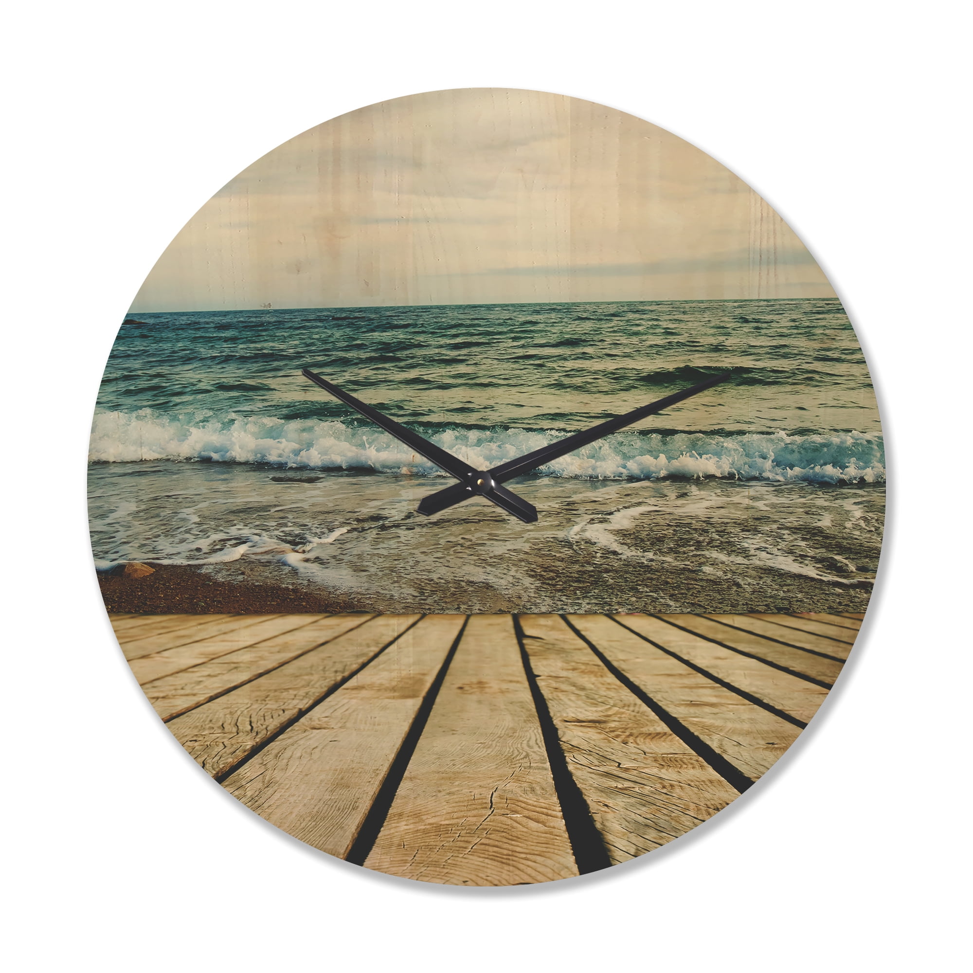 Designart 'Wooden Pier in Waving Sea At Bright Day' Modern Wood Wall Clock
