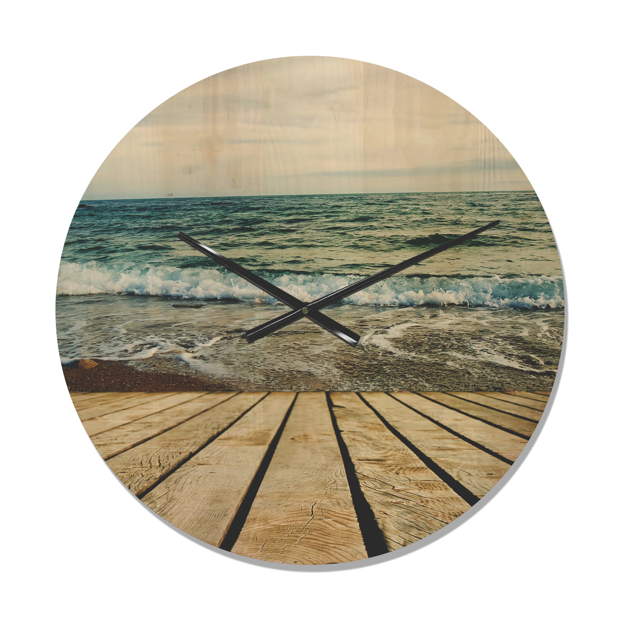 Designart 'Wooden Pier in Waving Sea At Bright Day' Modern Wood Wall Clock
