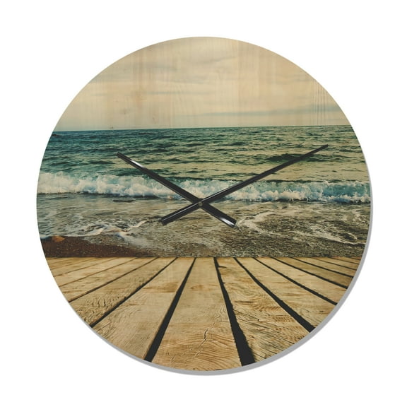 Designart 'Wooden Pier in Waving Sea At Bright Day' Modern Wood Wall Clock