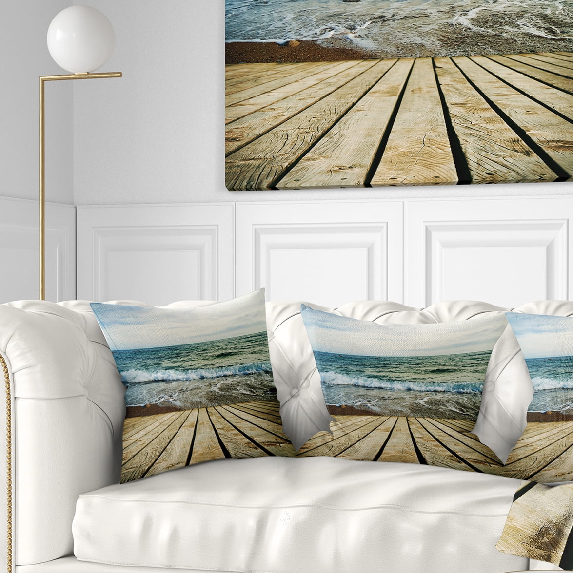 Designart Wooden Pier in Waving Sea - Seascape Throw Pillow - 18x18