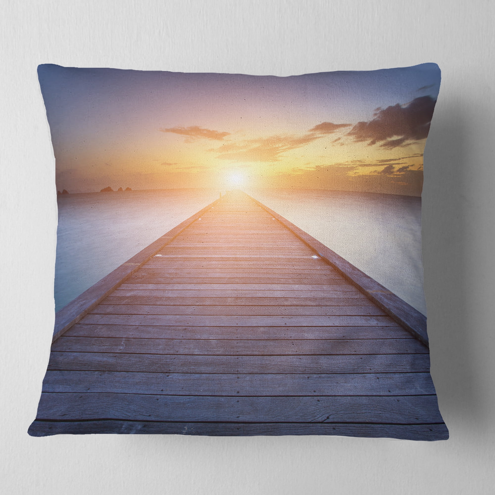 Designart Wooden Pier to Bright Evening Sun - Sea Bridge Throw Pillow - 16x16