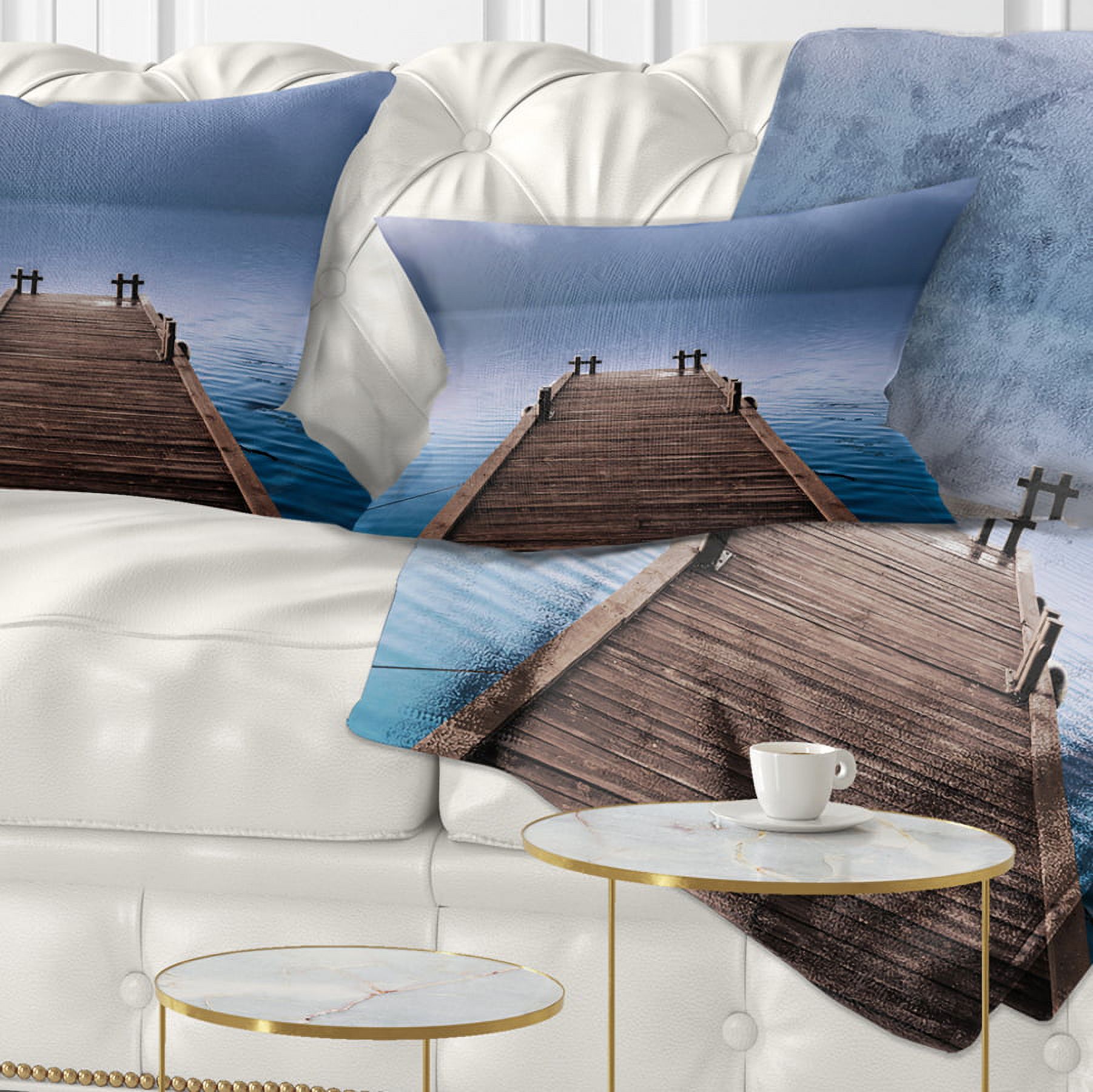 Designart Wooden Pier under Foggy Sky - Seascape Throw Pillow - 12x20