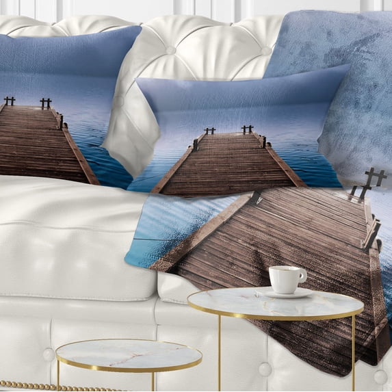 Designart Wooden Pier under Foggy Sky - Seascape Throw Pillow - 12x20