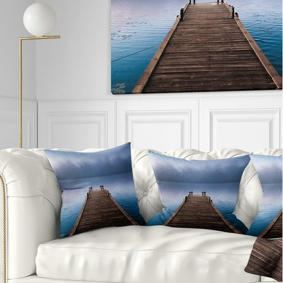 Designart Wooden Pier under Foggy Sky - Seascape Throw Pillow - 16x16