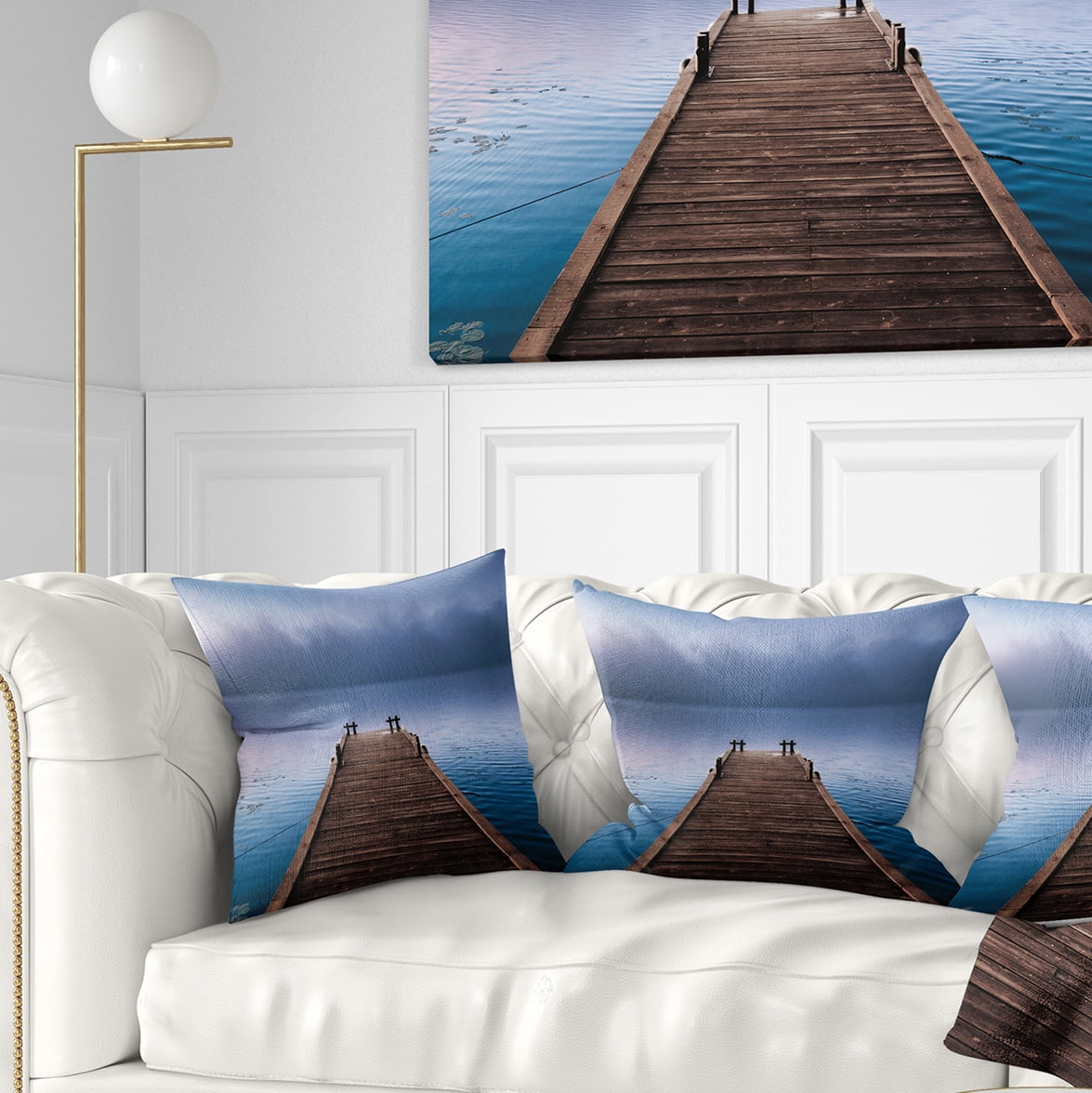Designart Wooden Pier under Foggy Sky - Seascape Throw Pillow - 18x18