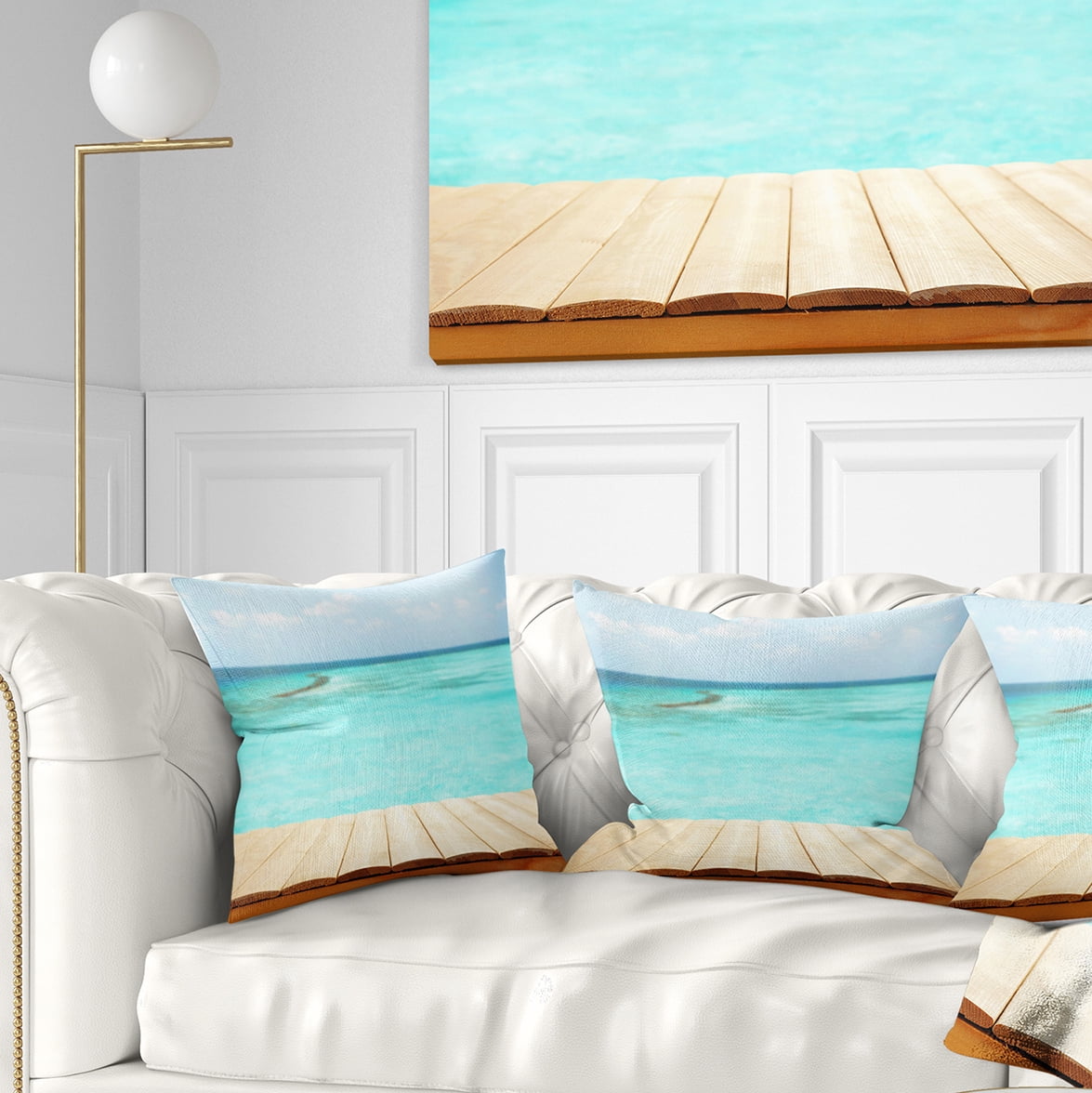 Designart Wooden Planks on Sea Background - Seascape Throw Pillow - 16x16