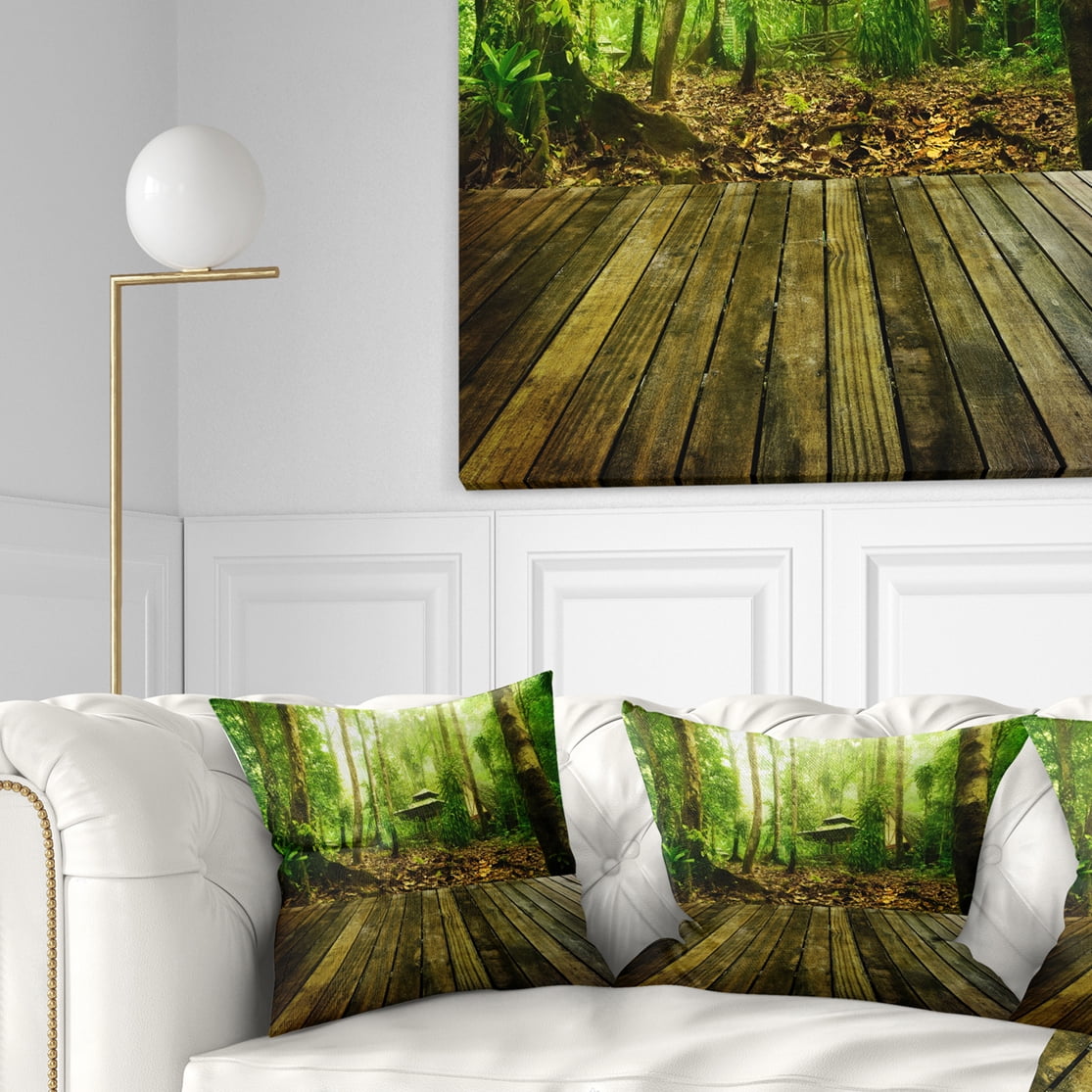 Designart Wooden Platform in Green Forest - Landscape Photography Throw Pillow - 18x18
