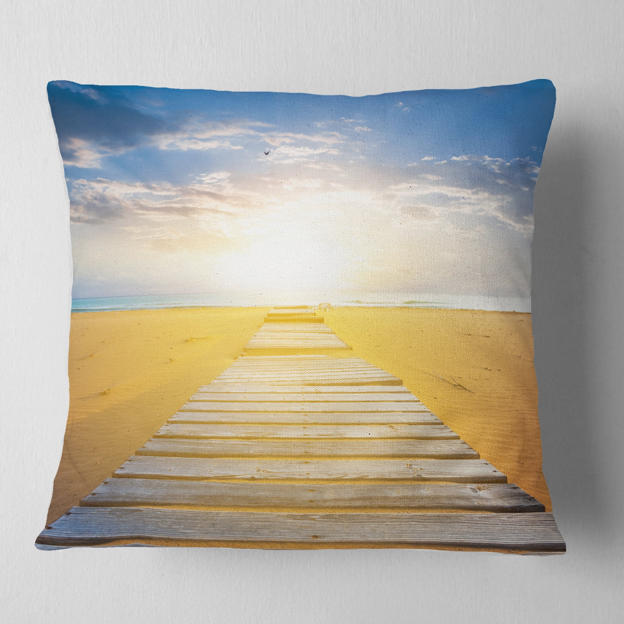 Designart Wooden Road at Blue Sea Beach - Sea Bridge Throw Pillow - 18x18