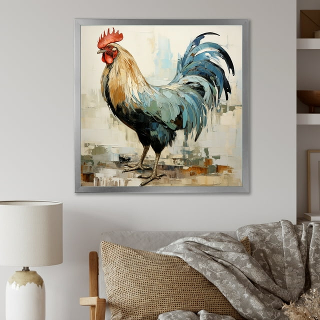 Designart "Wooden Rustic Rooster Peck IV" Animals Framed Wall Art Decor - Modern Red Chicken Entryway Framed Wall Art