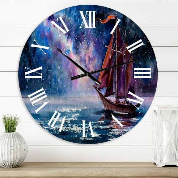 Designart 'Wooden Sailboat With Red Sails & Bright Night Sky' Nautical & Coastal Wall Clock