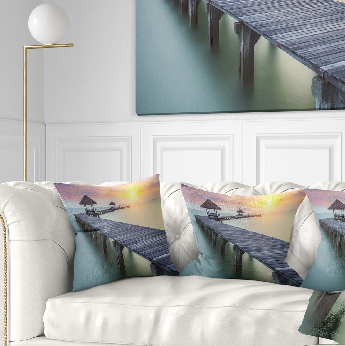 Designart Wooden Sea Bridge and Sunset - Seashore Photo Throw Pillow - 16x16