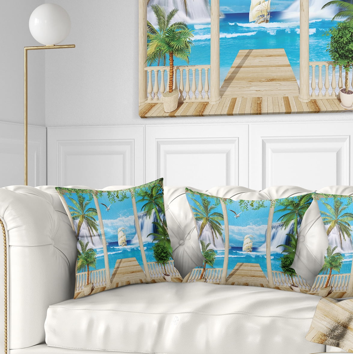 Designart Wooden Terrace with Sea View - Landscape Photography Throw Pillow - 18x18