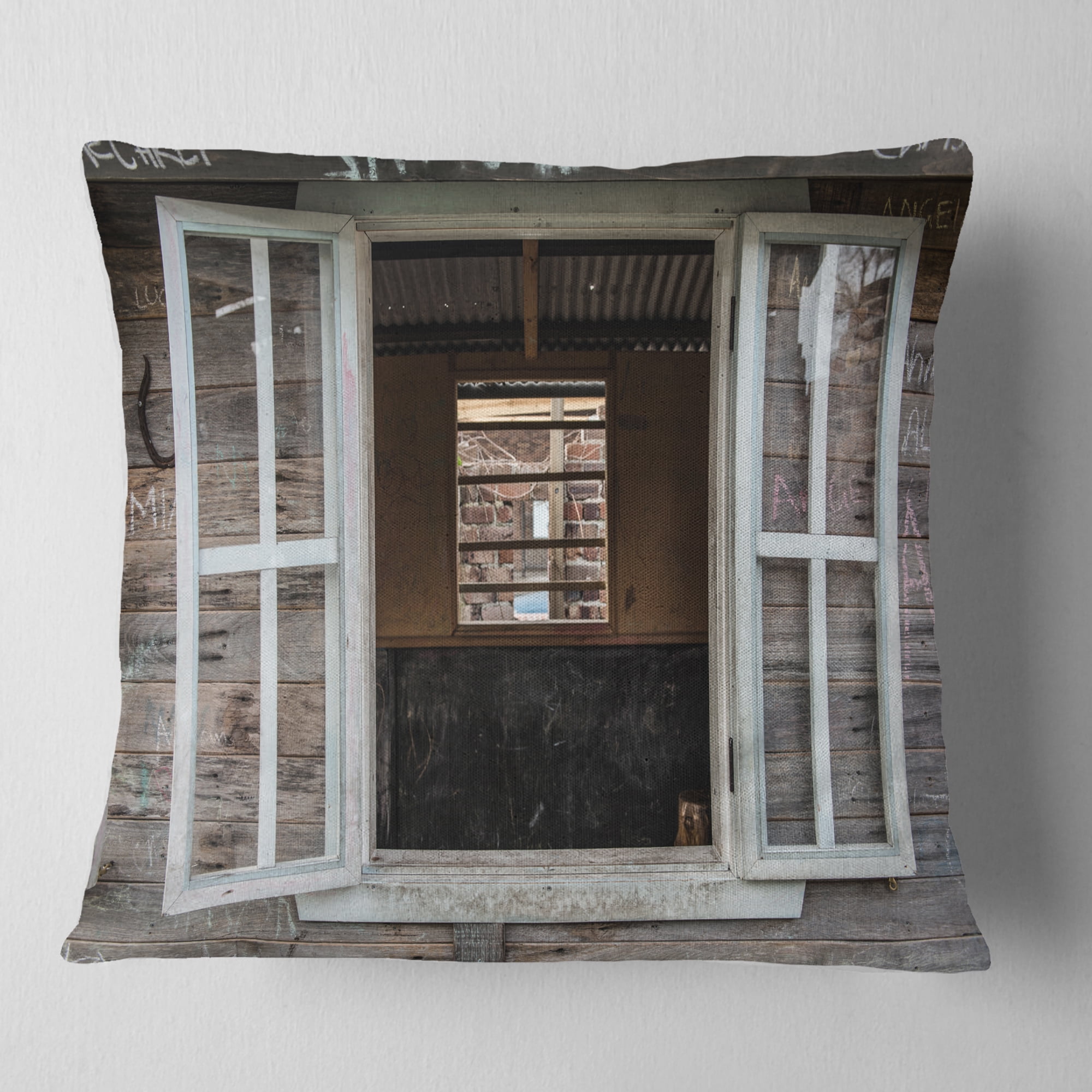 Designart Wooden Walls and Windows - Landscape Printed Throw Pillow - 18x18