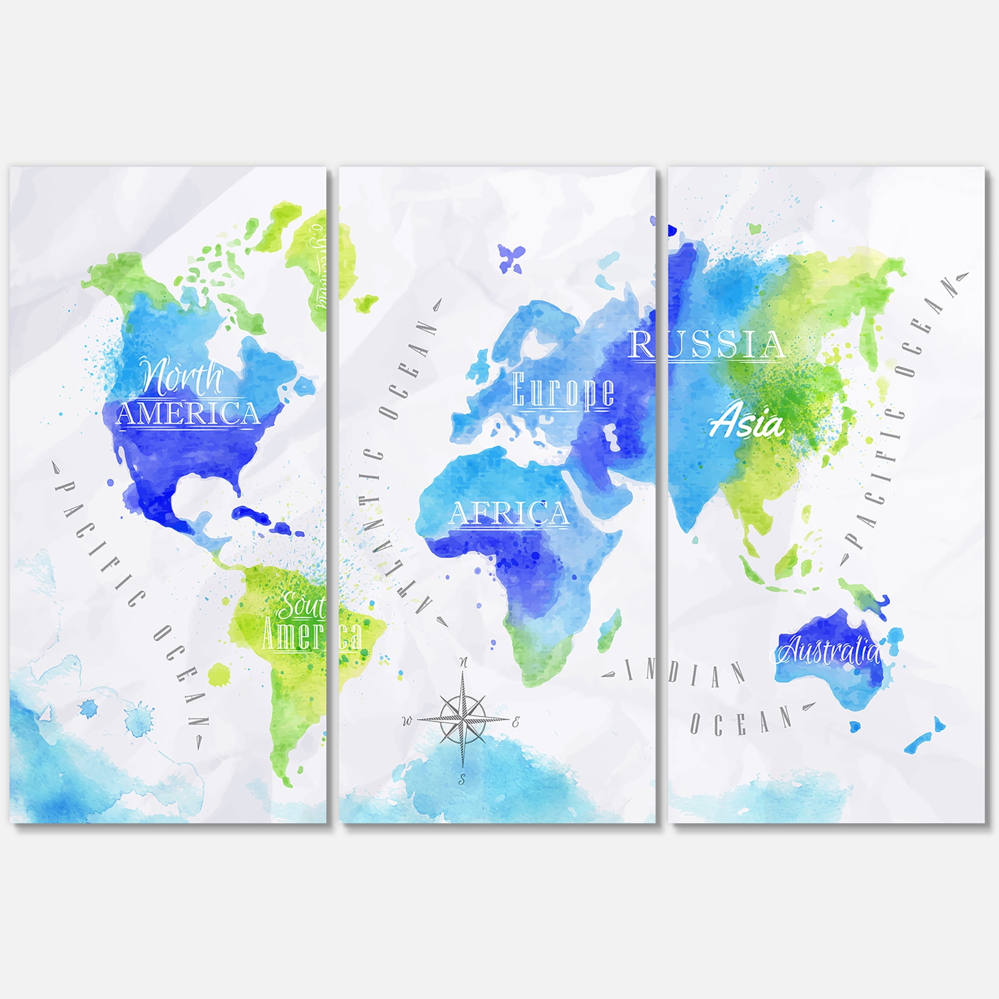 Designart ' World Map In Blue and Green ' Modern Canvas Wall Art Print